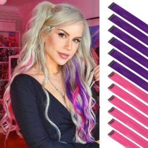 FESHFEN Clip in Hair Tinsel – 12 PCS Skyblue Clip ins Glitter Tinsel Hair Extensions Sparkle Fairy Dazzle Blue Colorful Accessories Kit for Women 20 Inch(Lilac purple & Rose 12 PCS)
