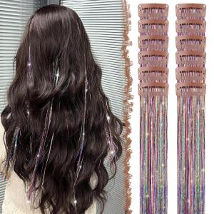 FESHFEN Clip in Hair Tinsel – 12 PCS Skyblue Clip ins Glitter Tinsel Hair Extensions Sparkle Fairy Dazzle Blue Colorful Accessories Kit for Women 20 Inch(Colorful 12 PCS)