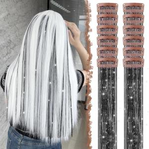 FESHFEN Clip in Hair Tinsel – 12 PCS Skyblue Clip ins Glitter Tinsel Hair Extensions Sparkle Fairy Dazzle Blue Colorful Accessories Kit for Women 20 Inch(Black 12 PCS)