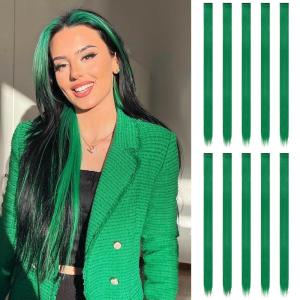 FESHFEN Clip in Hair Tinsel – 12 PCS Skyblue Clip ins Glitter Tinsel Hair Extensions Sparkle Fairy Dazzle Blue Colorful Accessories Kit for Women 20 Inch(Green 10 PCS)