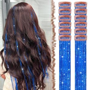 FESHFEN Clip in Hair Tinsel – 12 PCS Skyblue Clip ins Glitter Tinsel Hair Extensions Sparkle Fairy Dazzle Blue Colorful Accessories Kit for Women 20 Inch(Blue 12 PCS)