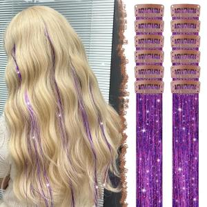 FESHFEN Clip in Hair Tinsel – 12 PCS Skyblue Clip ins Glitter Tinsel Hair Extensions Sparkle Fairy Dazzle Blue Colorful Accessories Kit for Women 20 Inch(Purple 12 PCS)