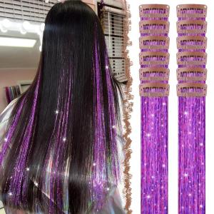 FESHFEN Clip in Hair Tinsel – 12 PCS Skyblue Clip ins Glitter Tinsel Hair Extensions Sparkle Fairy Dazzle Blue Colorful Accessories Kit for Women 20 Inch(Lilac Purple 12 PCS)