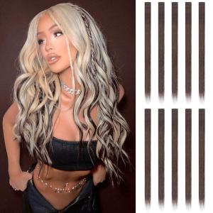FESHFEN Clip in Hair Tinsel – 12 PCS Skyblue Clip ins Glitter Tinsel Hair Extensions Sparkle Fairy Dazzle Blue Colorful Accessories Kit for Women 20 Inch(Brown 10 PCS)