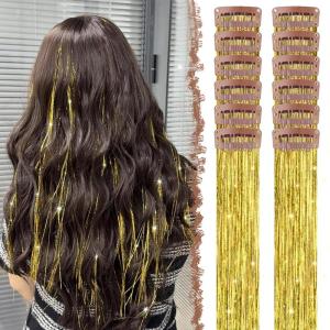 FESHFEN Clip in Hair Tinsel – 12 PCS Skyblue Clip ins Glitter Tinsel Hair Extensions Sparkle Fairy Dazzle Blue Colorful Accessories Kit for Women 20 Inch(Gold 12 PCS)