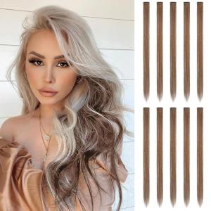 FESHFEN Clip in Hair Tinsel – 12 PCS Skyblue Clip ins Glitter Tinsel Hair Extensions Sparkle Fairy Dazzle Blue Colorful Accessories Kit for Women 20 Inch(Light Brown 10 PCS)