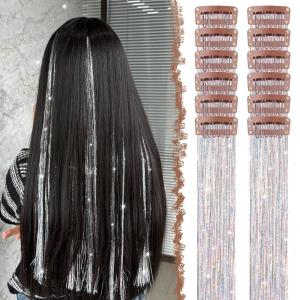 FESHFEN Clip in Hair Tinsel – 12 PCS Skyblue Clip ins Glitter Tinsel Hair Extensions Sparkle Fairy Dazzle Blue Colorful Accessories Kit for Women 20 Inch(Silver 12 PCS)