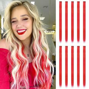 FESHFEN Clip in Hair Tinsel – 12 PCS Skyblue Clip ins Glitter Tinsel Hair Extensions Sparkle Fairy Dazzle Blue Colorful Accessories Kit for Women 20 Inch(Red 10 PCS)