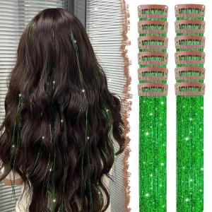 FESHFEN Clip in Hair Tinsel – 12 PCS Skyblue Clip ins Glitter Tinsel Hair Extensions Sparkle Fairy Dazzle Blue Colorful Accessories Kit for Women 20 Inch(Green 12 PCS)