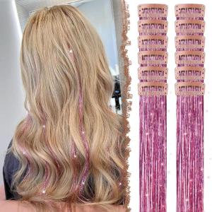 FESHFEN Clip in Hair Tinsel – 12 PCS Skyblue Clip ins Glitter Tinsel Hair Extensions Sparkle Fairy Dazzle Blue Colorful Accessories Kit for Women 20 Inch(Pink 12 PCS)