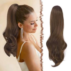 FESHFEN Drawstring Ponytail Extension, Natural Long Wavy Layered Synthetic Pony Tails Honey Blonde Mixed Light Brown Hair Extensions Hairpieces for Women, 20 inch(8.9.30# Multi Brown)