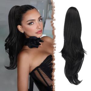 FESHFEN Drawstring Ponytail Extension, Natural Long Wavy Layered Synthetic Pony Tails Honey Blonde Mixed Light Brown Hair Extensions Hairpieces for Women, 20 inch(1B# Black)