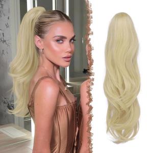 FESHFEN Drawstring Ponytail Extension, Natural Long Wavy Layered Synthetic Pony Tails Honey Blonde Mixed Light Brown Hair Extensions Hairpieces for Women, 20 inch(16/613# Ash Blonde)