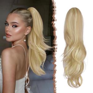 FESHFEN Drawstring Ponytail Extension, Natural Long Wavy Layered Synthetic Pony Tails Honey Blonde Mixed Light Brown Hair Extensions Hairpieces for Women, 20 inch(16H613# Dirty Blonde)
