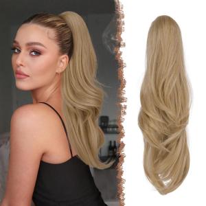 FESHFEN Drawstring Ponytail Extension, Natural Long Wavy Layered Synthetic Pony Tails Honey Blonde Mixed Light Brown Hair Extensions Hairpieces for Women, 20 inch(27/613A# Mixed Blonde)