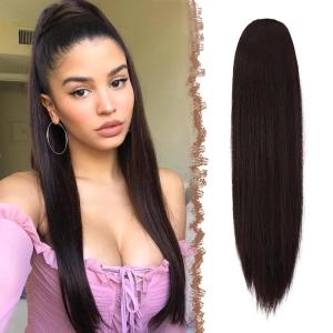 FESHFEN Drawstring Ponytail Extensions Natural Long Straight Clip in Synthetic Hair Pieces Drawstring Ponytails Hairpieces for Women, Light Brown 20 inch(Dark Brown-Drawstring)