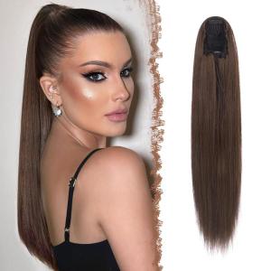 FESHFEN Drawstring Ponytail Extensions Natural Long Straight Clip in Synthetic Hair Pieces Drawstring Ponytails Hairpieces for Women, Light Brown 20 inch(Light Brown-Drawstring)