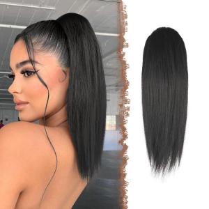FESHFEN Drawstring Ponytail Extensions Natural Long Straight Clip in Synthetic Hair Pieces Drawstring Ponytails Hairpieces for Women, Light Brown 20 inch(Natural Black#-Drawstring)