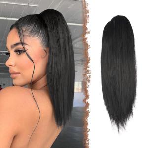 FESHFEN Drawstring Ponytail Extensions Natural Long Straight Clip in Synthetic Hair Pieces Drawstring Ponytails Hairpieces for Women, Light Brown 20 inch(1# Natural Black-Drawstring)