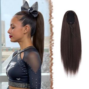 FESHFEN Drawstring Ponytail Extensions Natural Long Straight Clip in Synthetic Hair Pieces Drawstring Ponytails Hairpieces for Women, Light Brown 20 inch(Brown-Drawstring)
