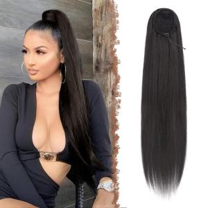 FESHFEN Drawstring Ponytail Extensions Natural Long Straight Clip in Synthetic Hair Pieces Drawstring Ponytails Hairpieces for Women, Light Brown 20 inch(Black Brown-Drawstring)