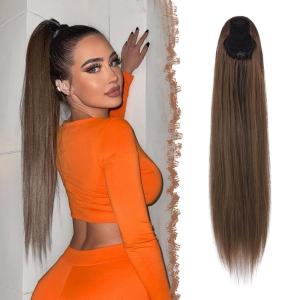 FESHFEN Drawstring Ponytail Extensions Natural Long Straight Clip in Synthetic Hair Pieces Drawstring Ponytails Hairpieces for Women, Light Brown 20 inch(Moss Brown-Drawstring)