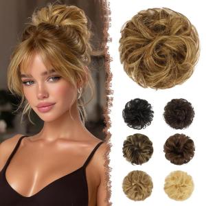 FESHFEN Human Messy Buns – 100% Human Hair Bun Real Scrunchies Hair Pieces Ponytail Extensions Wavy Tousled Updo Chignon Hairpieces for Women, Light Blonde(4/18# Light Brown Mixed Blonde)
