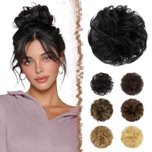 FESHFEN Human Messy Buns – 100% Human Hair Bun Real Scrunchies Hair Pieces Ponytail Extensions Wavy Tousled Updo Chignon Hairpieces for Women, Light Blonde(1# Black)