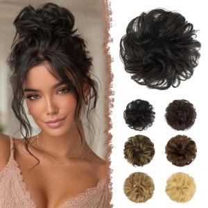 FESHFEN Human Messy Buns – 100% Human Hair Bun Real Scrunchies Hair Pieces Ponytail Extensions Wavy Tousled Updo Chignon Hairpieces for Women, Light Blonde(2# Dark Brown)