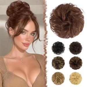 FESHFEN Human Messy Buns – 100% Human Hair Bun Real Scrunchies Hair Pieces Ponytail Extensions Wavy Tousled Updo Chignon Hairpieces for Women, Light Blonde(30# Medium Auburn)
