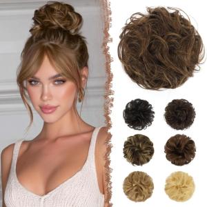 FESHFEN Human Messy Buns – 100% Human Hair Bun Real Scrunchies Hair Pieces Ponytail Extensions Wavy Tousled Updo Chignon Hairpieces for Women, Light Blonde(2/6# Dark Brown Mixed Blonde)