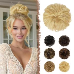 FESHFEN Human Messy Buns – 100% Human Hair Bun Real Scrunchies Hair Pieces Ponytail Extensions Wavy Tousled Updo Chignon Hairpieces for Women, Light Blonde(613# Bleach Blonde)