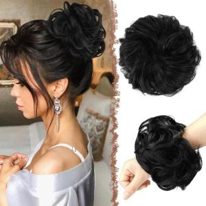 FESHFEN Large Messy Bun Hair Piece – Wavy Synthetic Chignon Scrunchies Elastic Ponytail Hair Extensions Thick Hairpieces for Women, Brunette Brown 1.94oz(1B# Off Black)