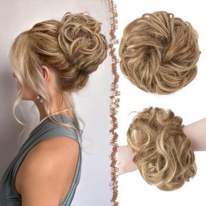FESHFEN Large Messy Bun Hair Piece – Wavy Synthetic Chignon Scrunchies Elastic Ponytail Hair Extensions Thick Hairpieces for Women, Brunette Brown 1.94oz(12H613A/26# Light Brown & Mixed Blonde)
