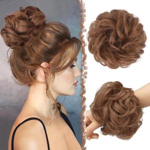 FESHFEN Large Messy Bun Hair Piece – Wavy Synthetic Chignon Scrunchies Elastic Ponytail Hair Extensions Thick Hairpieces for Women, Brunette Brown 1.94oz(30# Copper Brown)