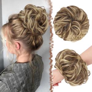 FESHFEN Large Messy Bun Hair Piece – Wavy Synthetic Chignon Scrunchies Elastic Ponytail Hair Extensions Thick Hairpieces for Women, Brunette Brown 1.94oz(12H29# Light Brown & Blonde)