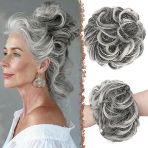 FESHFEN Large Messy Bun Hair Piece – Wavy Synthetic Chignon Scrunchies Elastic Ponytail Hair Extensions Thick Hairpieces for Women, Brunette Brown 1.94oz(1B/171T60# Black Gray and White Tips)