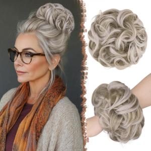 FESHFEN Large Messy Bun Hair Piece – Wavy Synthetic Chignon Scrunchies Elastic Ponytail Hair Extensions Thick Hairpieces for Women, Brunette Brown 1.94oz(18TWhite# Silver Blonde)