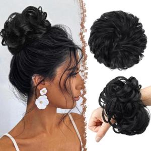 FESHFEN Large Messy Bun Hair Piece – Wavy Synthetic Chignon Scrunchies Elastic Ponytail Hair Extensions Thick Hairpieces for Women, Brunette Brown 1.94oz(1# Jet Black)