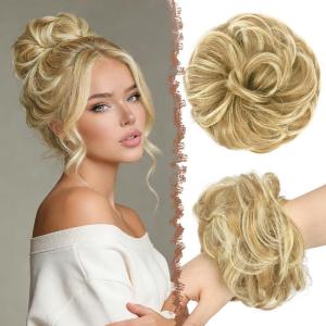 FESHFEN Large Messy Bun Hair Piece – Wavy Synthetic Chignon Scrunchies Elastic Ponytail Hair Extensions Thick Hairpieces for Women, Brunette Brown 1.94oz(Sunny Blonde)