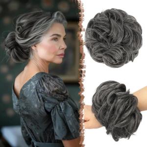 FESHFEN Large Messy Bun Hair Piece – Wavy Synthetic Chignon Scrunchies Elastic Ponytail Hair Extensions Thick Hairpieces for Women, Brunette Brown 1.94oz(4/1001/grey# Dark Salt and Pepper)