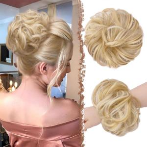 FESHFEN Large Messy Bun Hair Piece – Wavy Synthetic Chignon Scrunchies Elastic Ponytail Hair Extensions Thick Hairpieces for Women, Brunette Brown 1.94oz(18H60# Champagne Blonde & White Blonde)