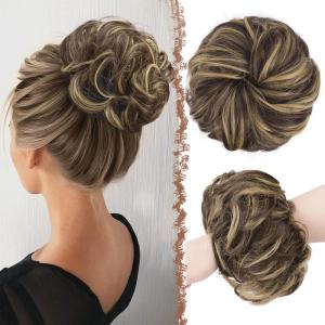 FESHFEN Large Messy Bun Hair Piece – Wavy Synthetic Chignon Scrunchies Elastic Ponytail Hair Extensions Thick Hairpieces for Women, Brunette Brown 1.94oz(6H18# Dark Brown & Champagne Blonde)