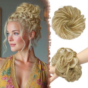 FESHFEN Large Messy Bun Hair Piece – Wavy Synthetic Chignon Scrunchies Elastic Ponytail Hair Extensions Thick Hairpieces for Women, Brunette Brown 1.94oz(22H613# Light Ash Brown & Bleach Blonde)