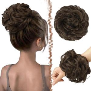 FESHFEN Large Messy Bun Hair Piece – Wavy Synthetic Chignon Scrunchies Elastic Ponytail Hair Extensions Thick Hairpieces for Women, Brunette Brown 1.94oz(10# Golden Brown)