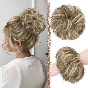 FESHFEN Large Messy Bun Hair Piece – Wavy Synthetic Chignon Scrunchies Elastic Ponytail Hair Extensions Thick Hairpieces for Women, Brunette Brown 1.94oz(86/60H10# Brunette & Blonde)