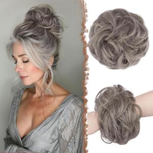 FESHFEN Large Messy Bun Hair Piece – Wavy Synthetic Chignon Scrunchies Elastic Ponytail Hair Extensions Thick Hairpieces for Women, Brunette Brown 1.94oz(6A/88A/02D# Salt and Pepper)