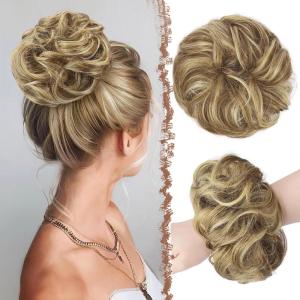 FESHFEN Large Messy Bun Hair Piece – Wavy Synthetic Chignon Scrunchies Elastic Ponytail Hair Extensions Thick Hairpieces for Women, Brunette Brown 1.94oz(8H26# Sand)