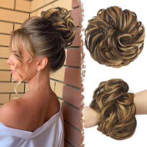 FESHFEN Large Messy Bun Hair Piece – Wavy Synthetic Chignon Scrunchies Elastic Ponytail Hair Extensions Thick Hairpieces for Women, Brunette Brown 1.94oz(4AH26# Brown Highlighted Caramel Blonde)