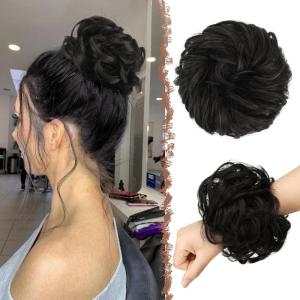FESHFEN Large Messy Bun Hair Piece – Wavy Synthetic Chignon Scrunchies Elastic Ponytail Hair Extensions Thick Hairpieces for Women, Brunette Brown 1.94oz(4# Black Brown)